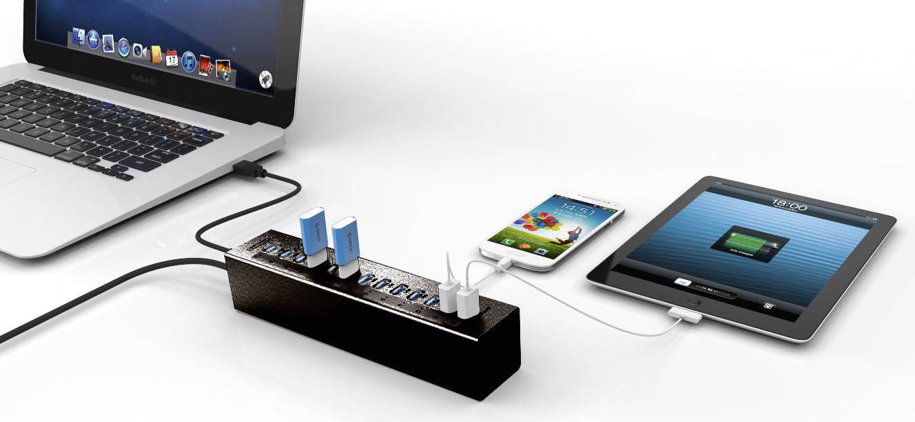 Renkforce 13 Port USB 3.2 Gen 1-Hub (USB 3.0) mit Aluminiumgehäuse, mit Schnellladeport Schwarz