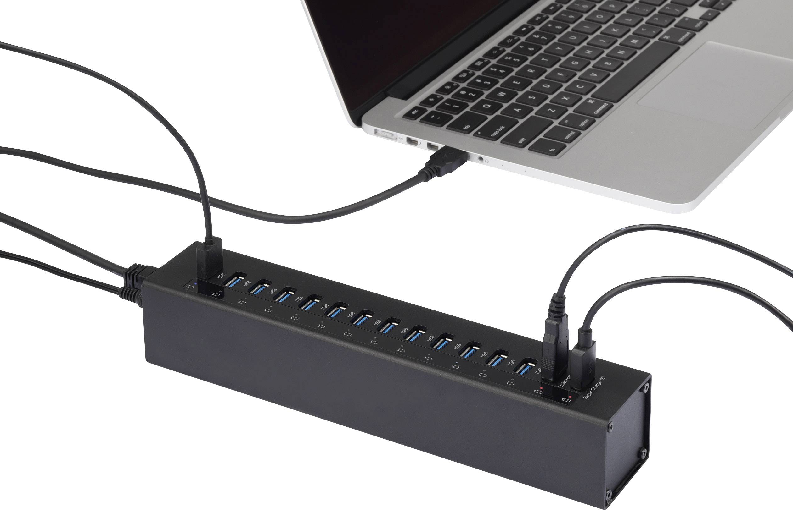 Renkforce 13 Port USB 3.2 Gen 1-Hub (USB 3.0) mit Aluminiumgehäuse, mit Schnellladeport Schwarz