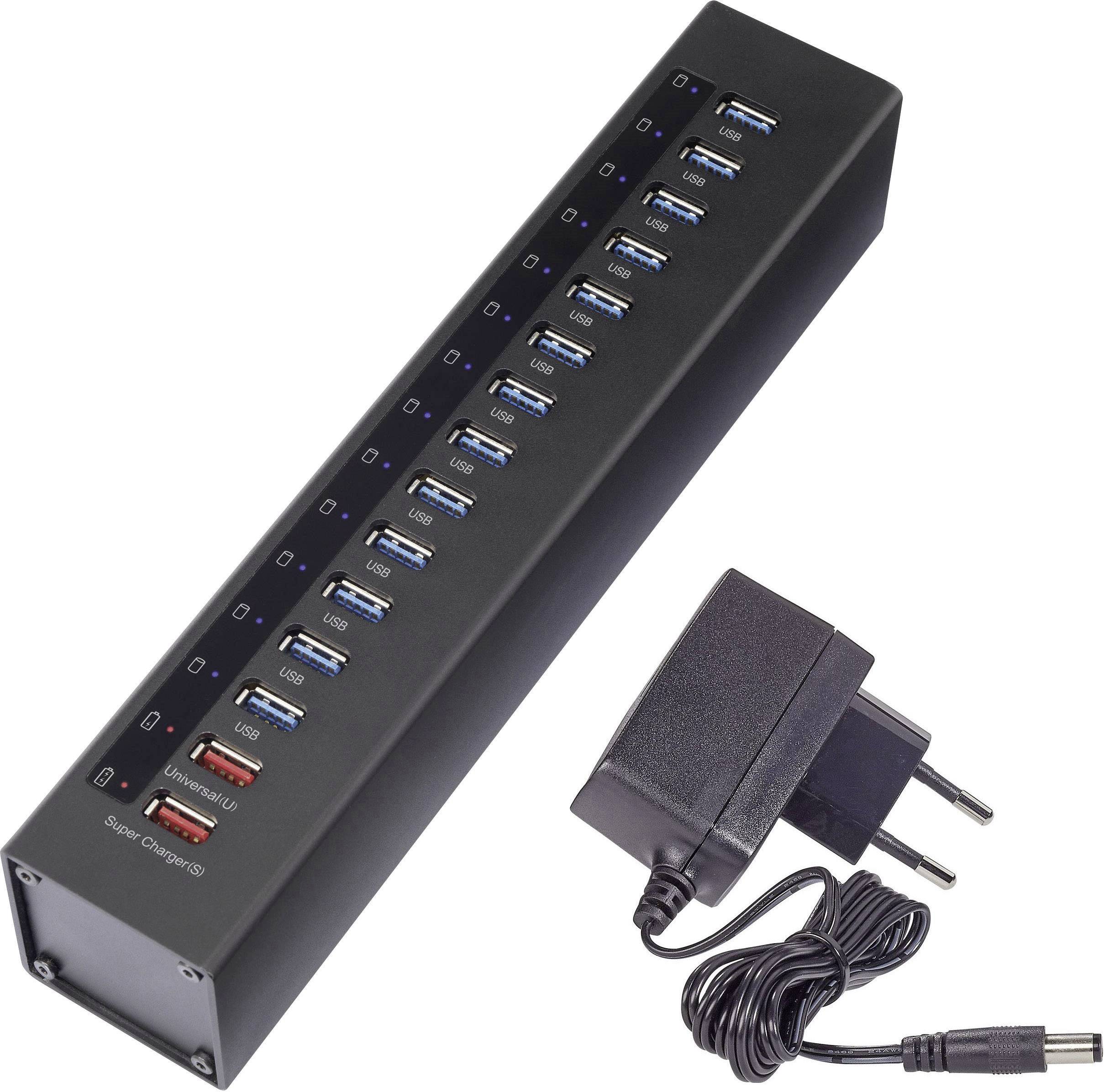 Renkforce 13 Port USB 3.2 Gen 1-Hub (USB 3.0) mit Aluminiumgehäuse, mit Schnellladeport Schwarz