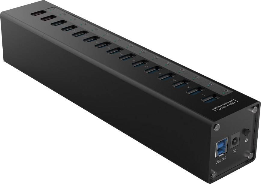 Renkforce 13 Port USB 3.2 Gen 1-Hub (USB 3.0) mit Aluminiumgehäuse, mit Schnellladeport Schwarz