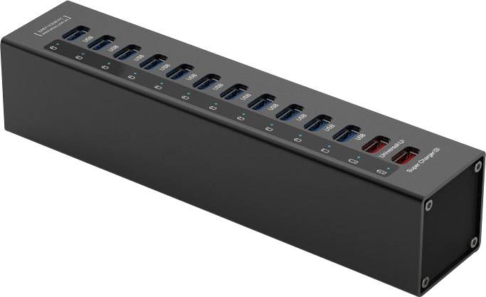 Renkforce 13 Port USB 3.2 Gen 1-Hub (USB 3.0) mit Aluminiumgehäuse, mit Schnellladeport Schwarz