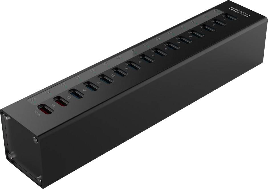 Renkforce 13 Port USB 3.2 Gen 1-Hub (USB 3.0) mit Aluminiumgehäuse, mit Schnellladeport Schwarz