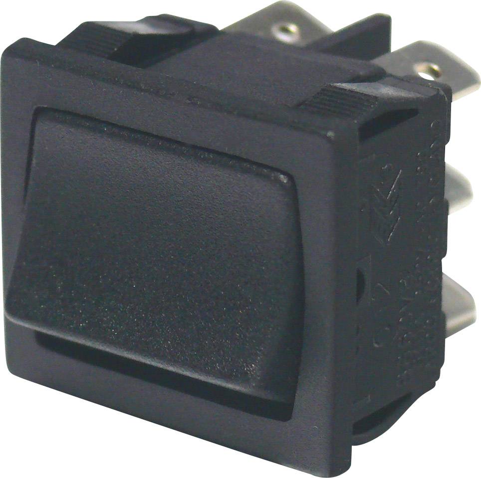 Ein schwarzer Wippschalter mit vier Metallanschlüssen. Geeignet für elektrische Geräte oder Bedienfelder.