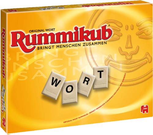 Brettspiel 'Rummikub': Gelber Karton, Spieltitel in Rot. Motto: 'Bringt Menschen zusammen'. Spielsteine formen das Wort 'WORT'.