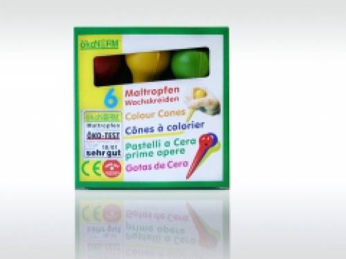 Verpackung mit sechs Malstiften in verschiedenen Farben, mit der Aufschrift 'Maltropfen Wachsmalkreiden'.