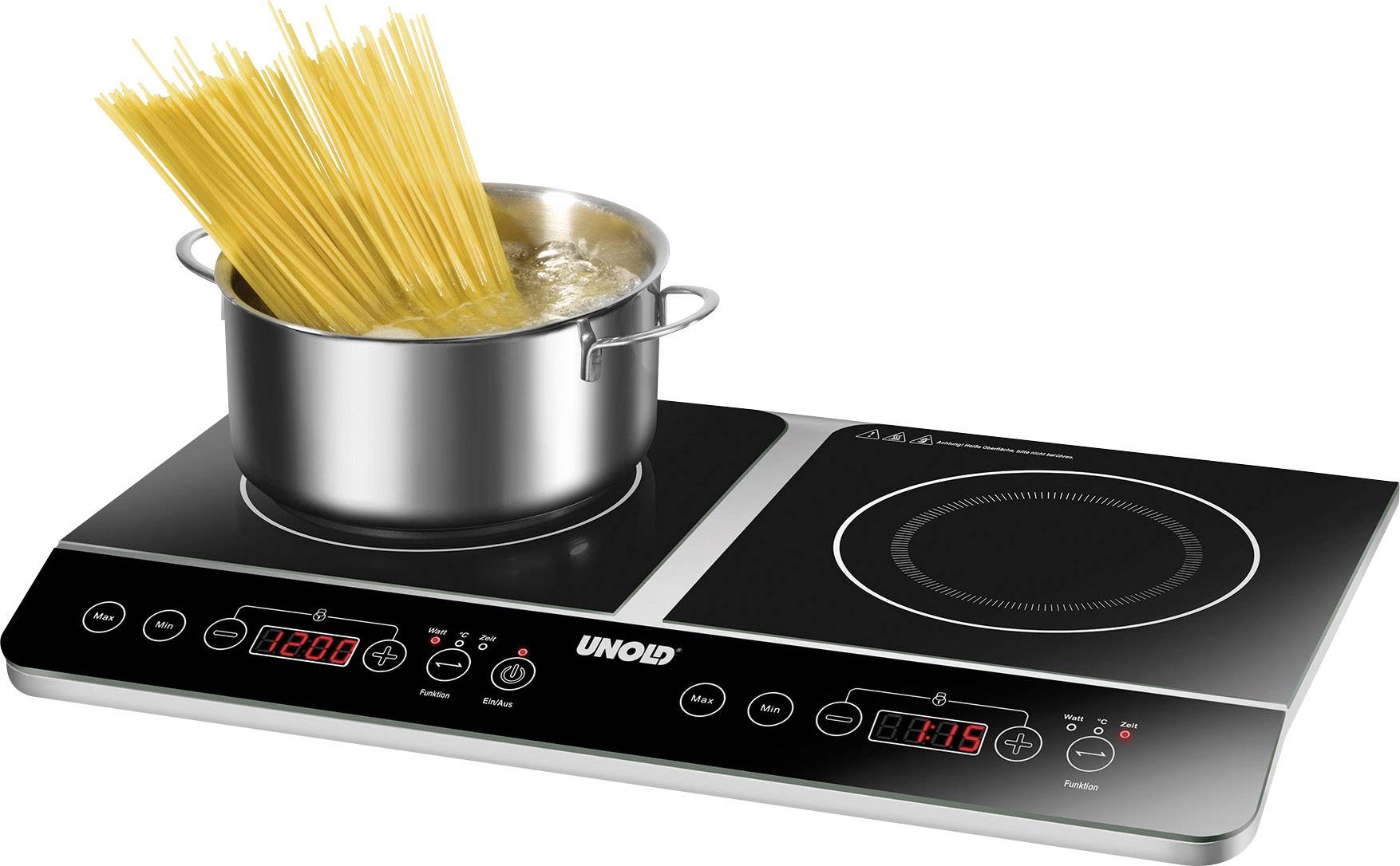Unold Doppel Elegance 58175 Doppel-Induktionsplatte mit Topferkennung, 2 getrennte Temperaturregler, Timerfunktion