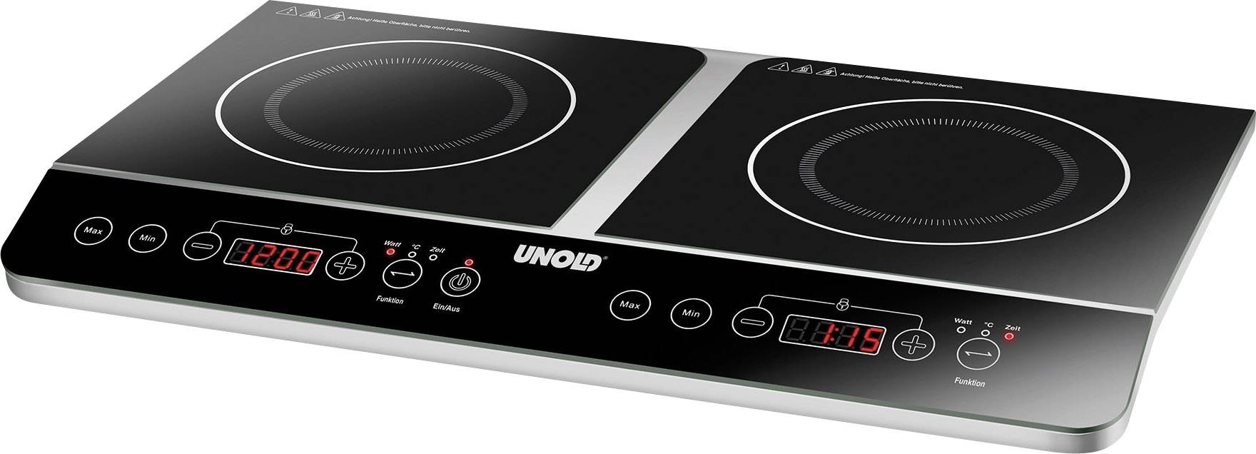 Unold Doppel Elegance 58175 Doppel-Induktionsplatte mit Topferkennung, 2 getrennte Temperaturregler, Timerfunktion