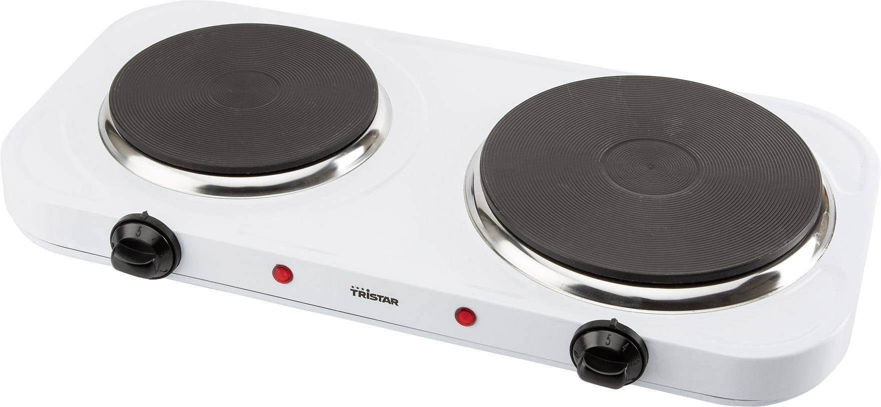 Zwei elektrische Kochplatten auf einem weißen Gehäuse mit Drehreglern und kleinen roten Anzeigen, geeignet für mobiles Kochen.