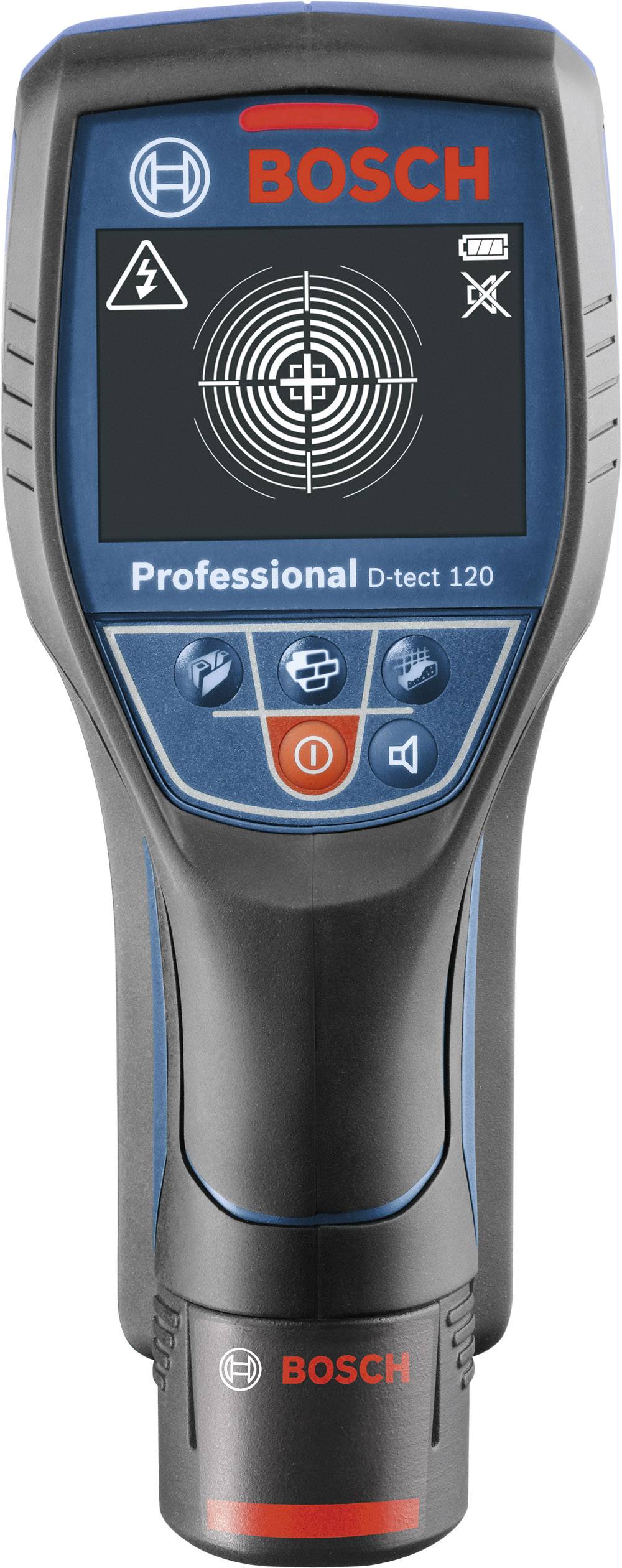 Elektronisches Messgerät 'BOSCH Professional D-tect 120' mit Bildschirmanzeige und Bedientasten. Verwendet zur Ortung von Materialien.