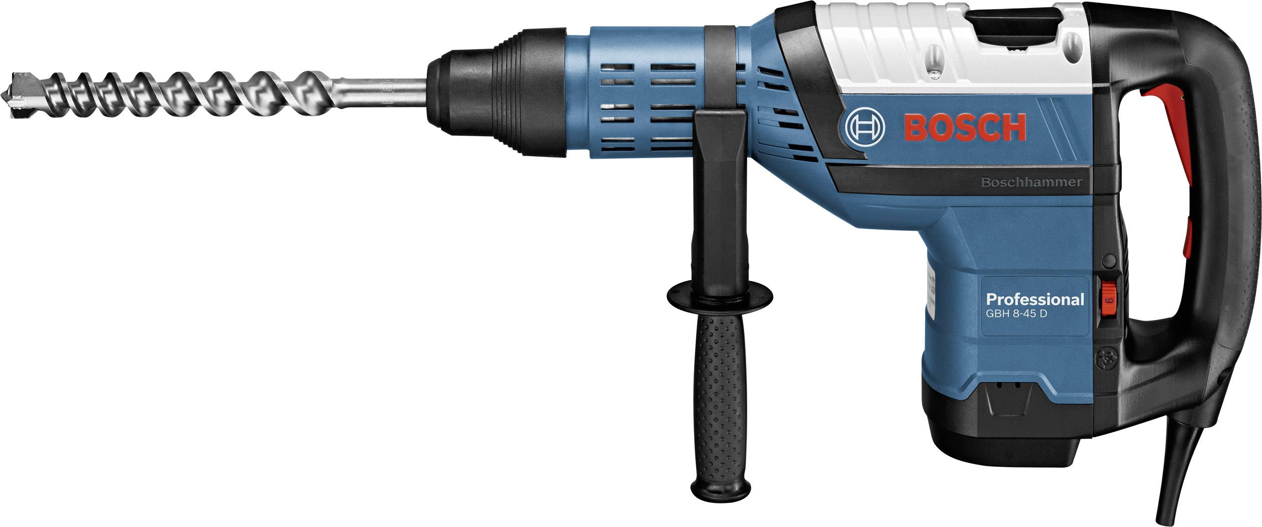 Elektrobohrhammer von Bosch in Blau und Schwarz. Geeignet für professionelles Bohren und Meißeln. Ergonomischer Griff und SDS-plus-Bohrer.