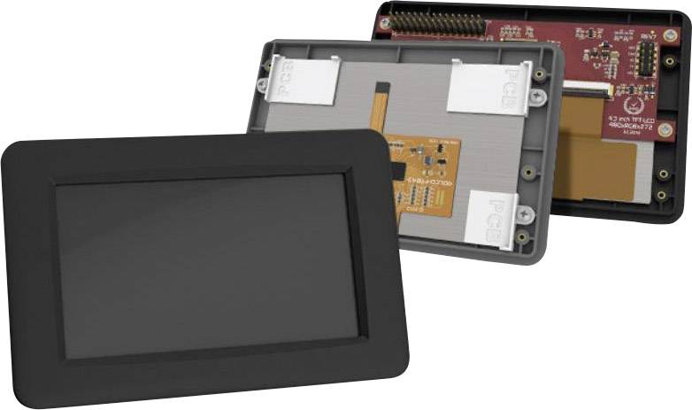 Ein zerlegtes Gerät mit Bildschirm, Gehäuserahmen und Platine, das verschiedene elektronische Komponenten zeigt.