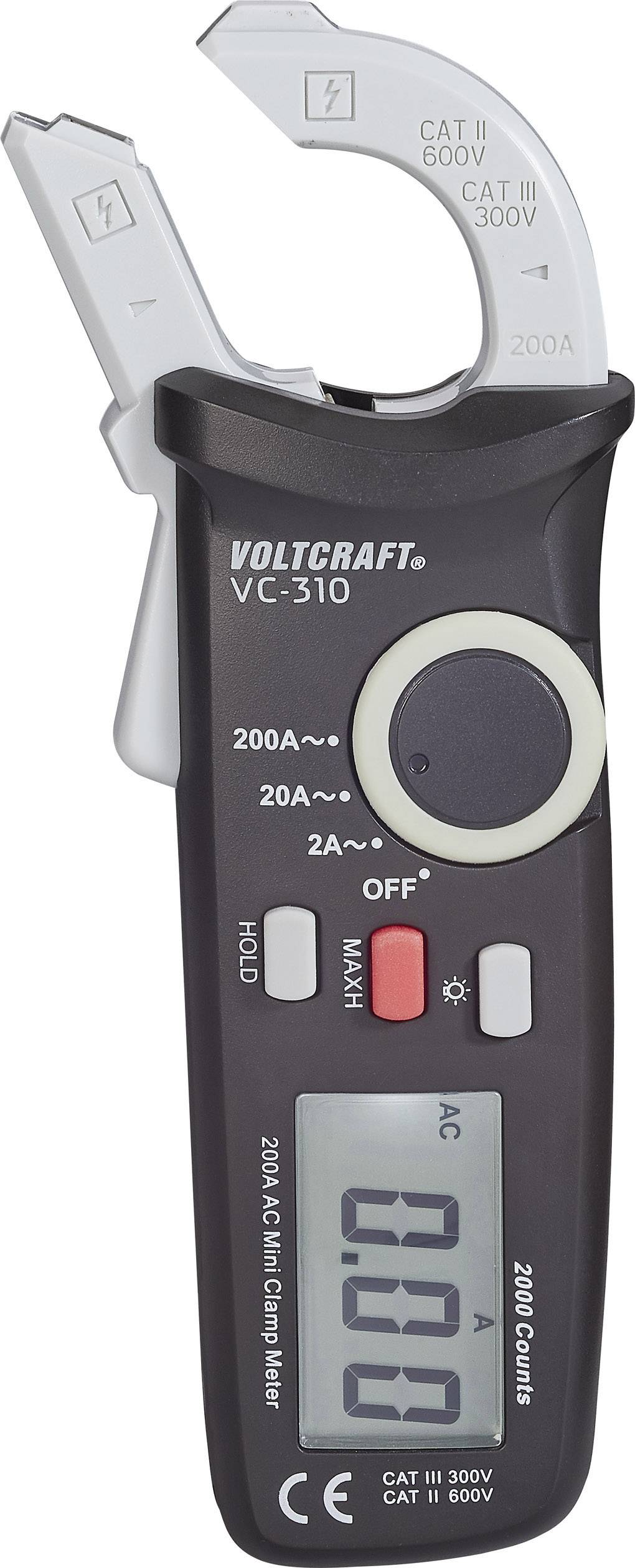 Multimeter von VOLTCRAFT, Modell VC-310, mit digitaler Anzeige, umgeben von Messkabeln. Misst Stromstärke, Spannung und Widerstand.