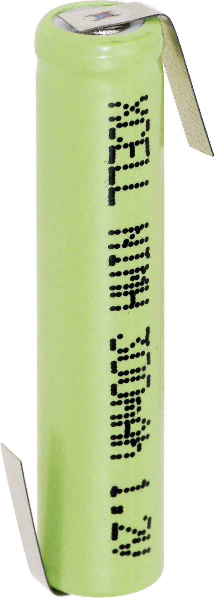 Grüne Nickelmetallhydrid-Batterie, mit schwarzem Text 'NICD 3.6V 170MA' bedruckt, hat zwei seitliche Metalllaschen.