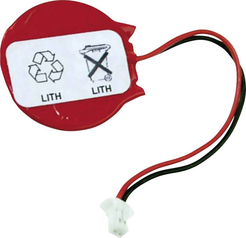 Rote Batterie mit zwei Symbolen: Recycling-Symbol links und durchgestrichene Mülltonne rechts. Verbunden mit schwarzen und roten Kabeln.