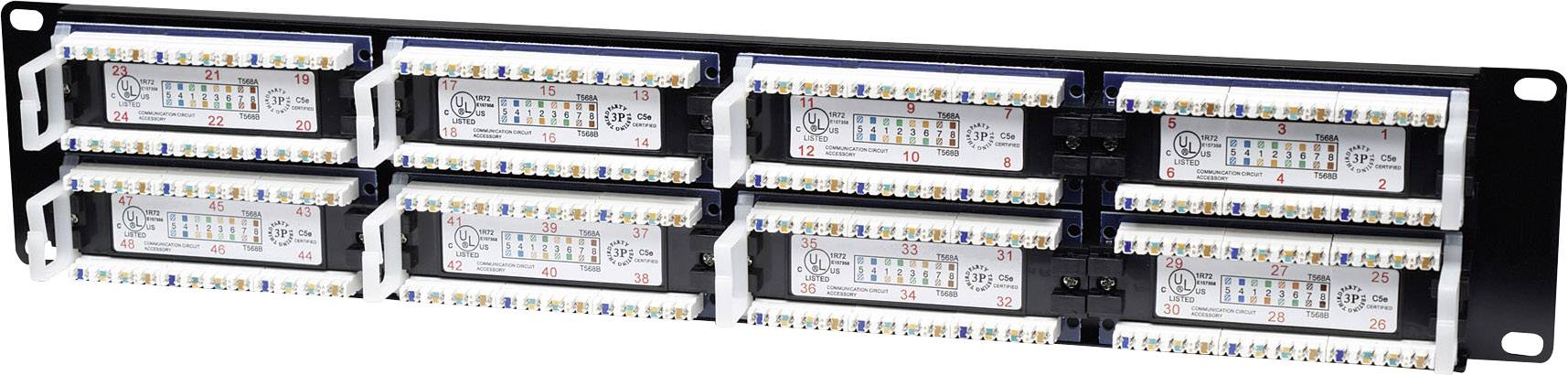 Ein schwarzes Rackpanel mit zwei Reihen von acht kleinen Verteilern oder Sicherungen, nummeriert, mit mehreren farbigen Anschlüssen.