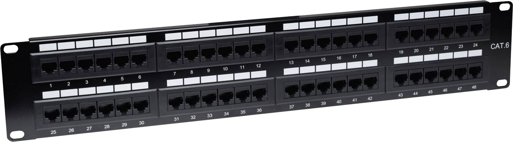 Patchpanel mit Cat6-Anschlüssen, nummerierte Ports für Netzwerkverkabelung, geeignet für 19-Zoll-Rackmontage.