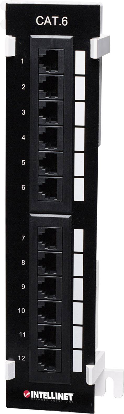 Ein schwarzes Patchpanel mit 12 Netzwerkanschlüssen, jeder nummeriert von 1 bis 12, und mit der Aufschrift 'CAT.6'.