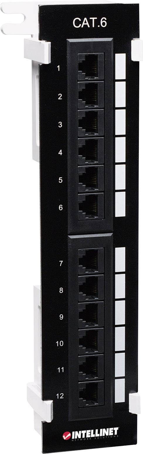 Patchpanel CAT.6 mit 12 Ethernet-Anschlüssen, vertikale Anordnung, schwarze Frontplatte. Geeignet für Netzwerkverbindungen.