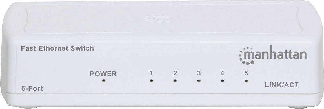 Ein weißer 5-Port Fast Ethernet Switch mit Lichtern zur Anzeige der Ports und Beschriftungen für 'POWER' und 'LINK/ACT'.