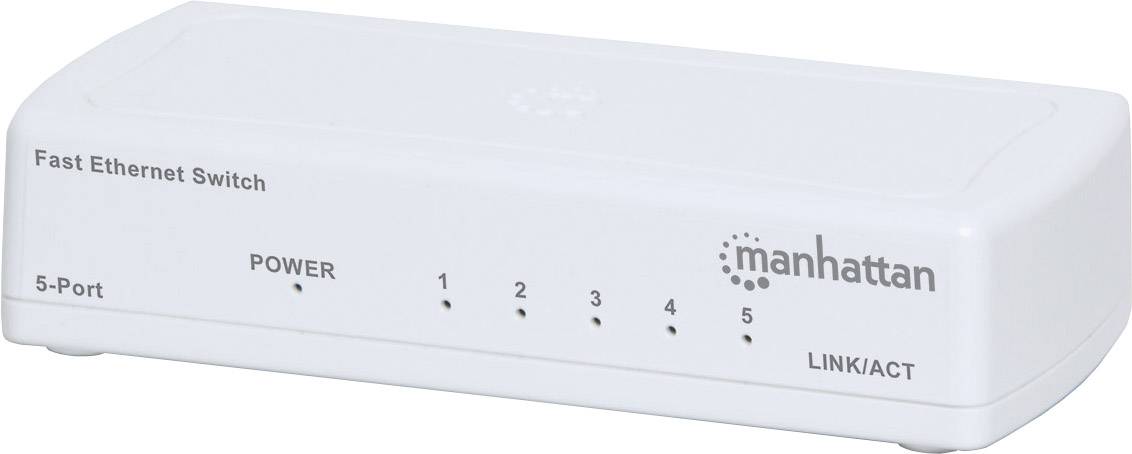 Ein weißer 5-Port Fast Ethernet Switch der Marke Manhattan, mit Anzeigen für Power und fünf Ports (1-5) auf der Vorderseite.