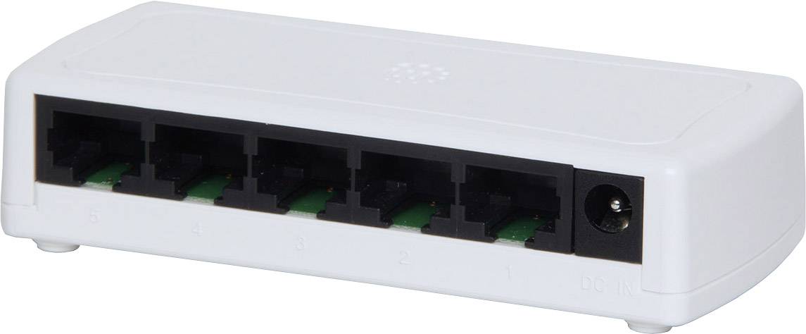 Ein weißer Ethernet-Switch mit fünf Ethernet-Ports und einem Stromanschluss, verwendet zum Anschluss mehrerer Netzwerkgeräte.