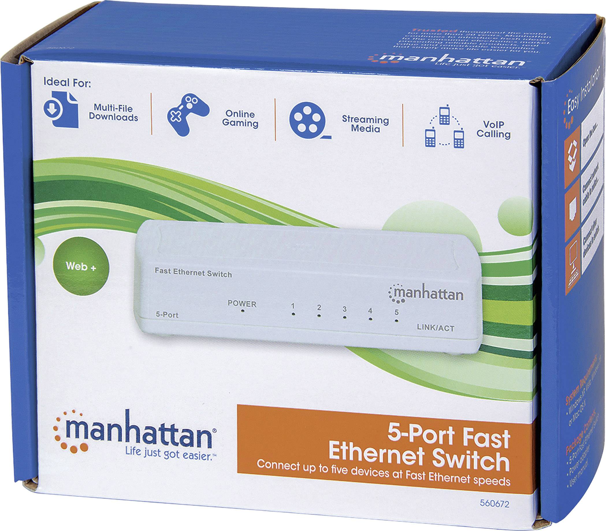 Eine blaue Produktverpackung eines 5-Port Ethernet-Switches der Marke 
