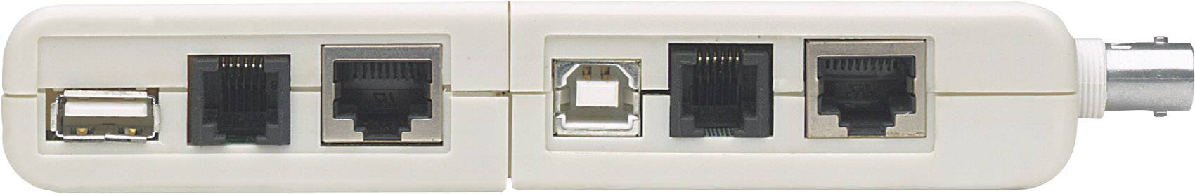 Adapter mit mehreren Anschlüssen: USB, zwei Ethernet-Ports, einer RS-232 und ein koaxialer Anschluss. Verbindet verschiedene Geräte.