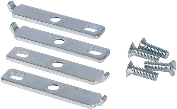 Vier flache Metallhalterungen mit mittigem Loch und Haken an den Enden, daneben fünf passende Schrauben.