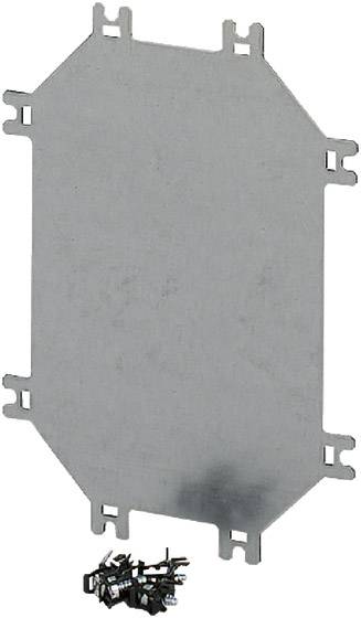 Metallplatte mit abgerundeten Ecken und Befestigungslöchern an den Kanten, darunter eine kleine Menge an Schrauben und Befestigungselementen.