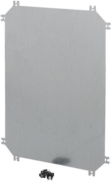 Graue Metallplatte mit rechteckiger Form und kleinen Befestigungslaschen an den Ecken. Unten ist ein kleiner Stapel dunkler Schrauben abgebildet.