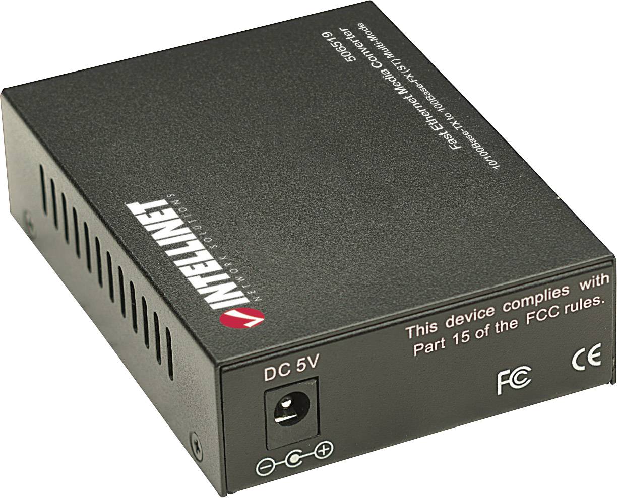 Ein schwarzer Ethernet-Medienkonverter mit Markenlogo, FCC-Zeichen und CE-Kennzeichnung. Verfügt über eine DC 5V-Stromversorgung.
