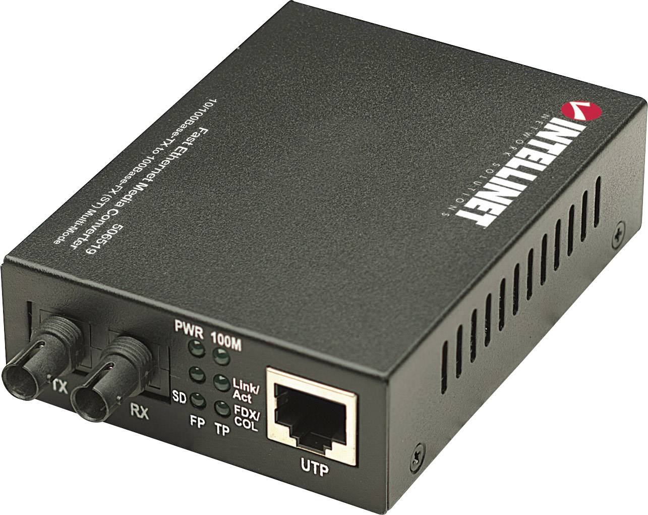 'Intellinet' Netzwerk Medienkonverter. Schwarz, kompakt mit Glasfaser- und Ethernet-Anschlüssen. Verwendet zur Datenübertragung.