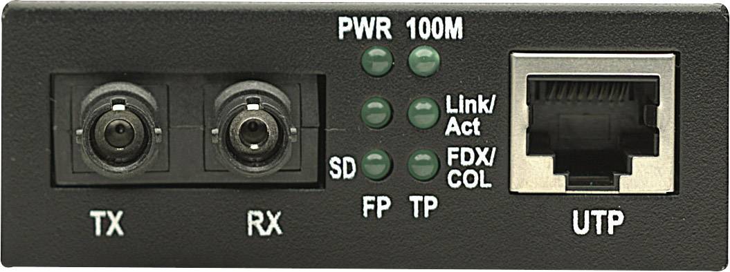 Netzwerk-Medienkonverter mit Anschlüssen: zwei SC-Steckplätze für Glasfaserkabel (TX, RX), eine RJ45-Buchse für UTP-Kabel. LEDs zeigen Status an.