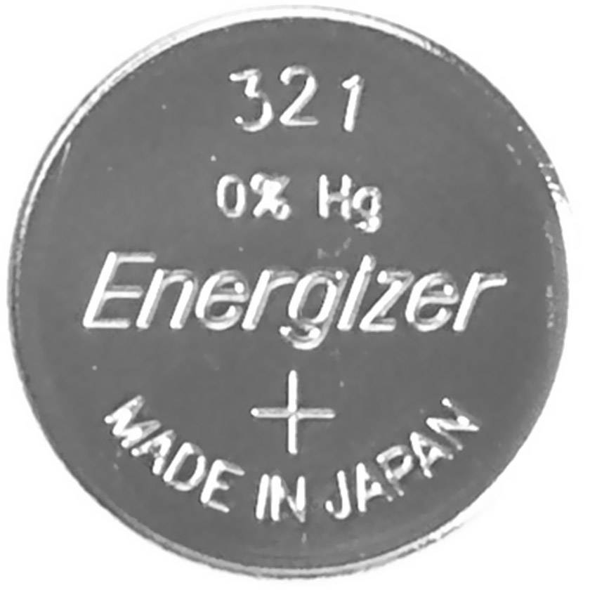 Eine runde Silberelektrode mit Aufschrift: '321 0% Hg Energizer MADE IN JAPAN'.