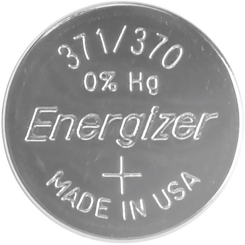 Knopfzelle mit Aufschrift '371/370 0% Hg Energizer Made in USA', Silberfarbe, ohne Quecksilbergehalt.