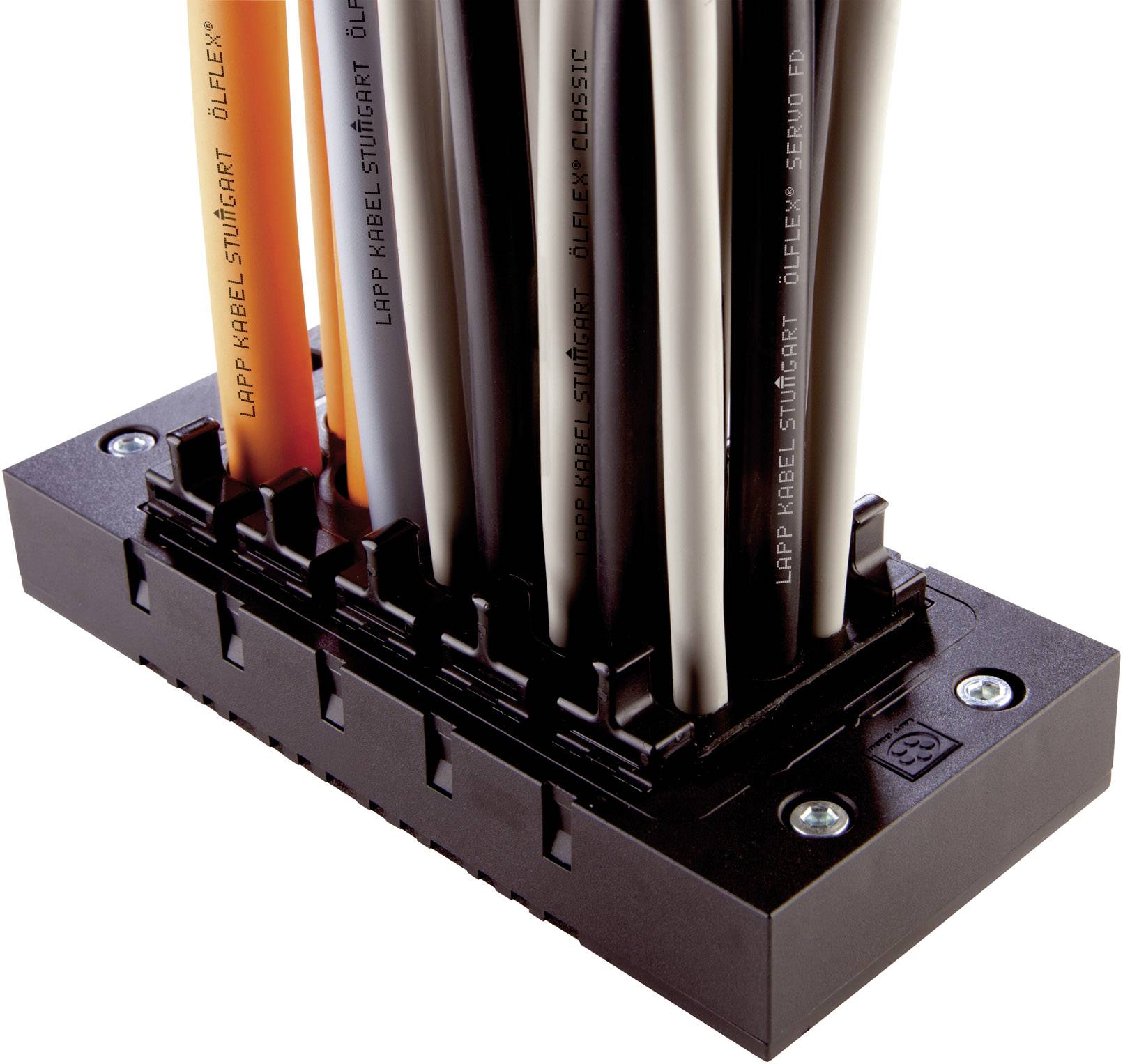 Mehrere Kabel unterschiedlicher Dicke sind in einer rechteckigen schwarzen Halterung fixiert.