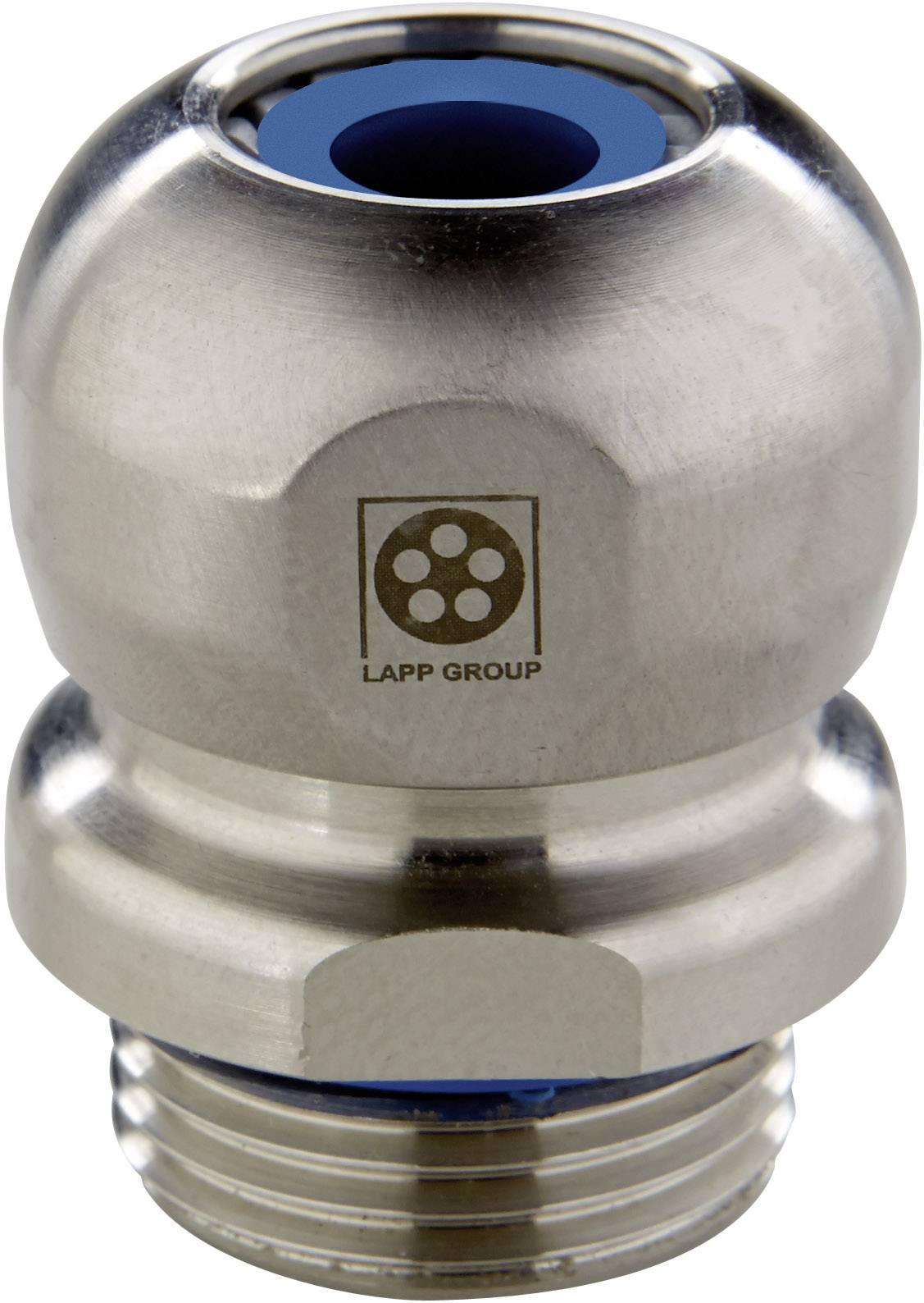 Metallkabelverschraubung mit 'LAPP GROUP'-Logo, zeigt Gewinde und glatte Oberfläche, dient zur sicheren Kabelbefestigung.