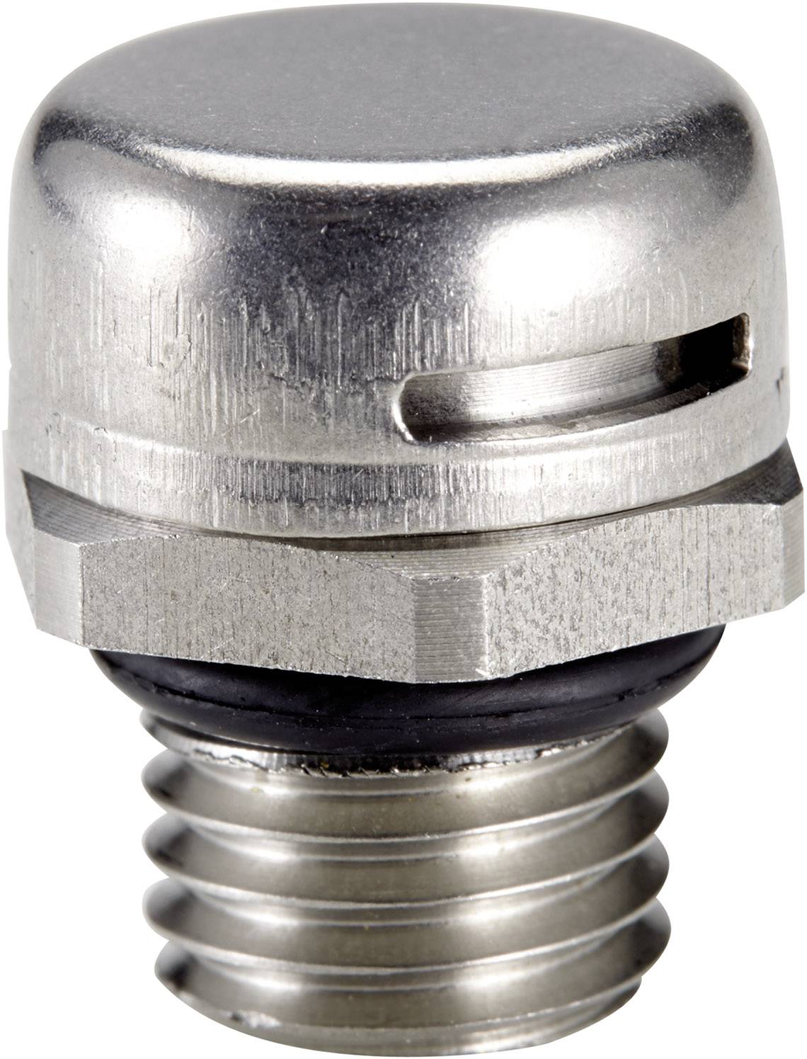 Stahlschraube mit einem abgerundeten Kopf und einem Schlitz oben, aufrecht stehend.