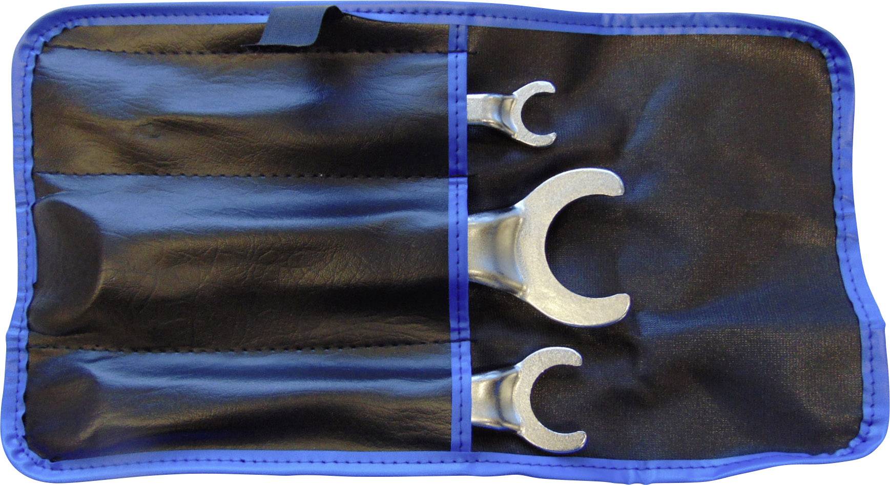 Drei Maulschlüssel in verschiedenen Größen in einer blauen Werkzeugtasche mit schwarzen Fächern.