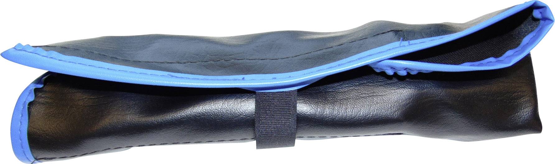 Eine zusammengerollte schwarze Lederhülle mit blauer Außenkante.