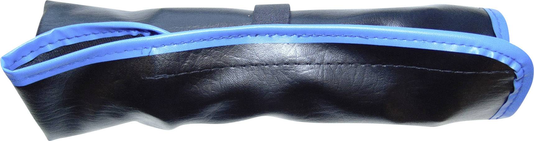 Ein zusammengerolltes Etui aus schwarzem Material mit einem blauen Rand, vermutlich zur Aufbewahrung von Schreibutensilien oder Werkzeugen.