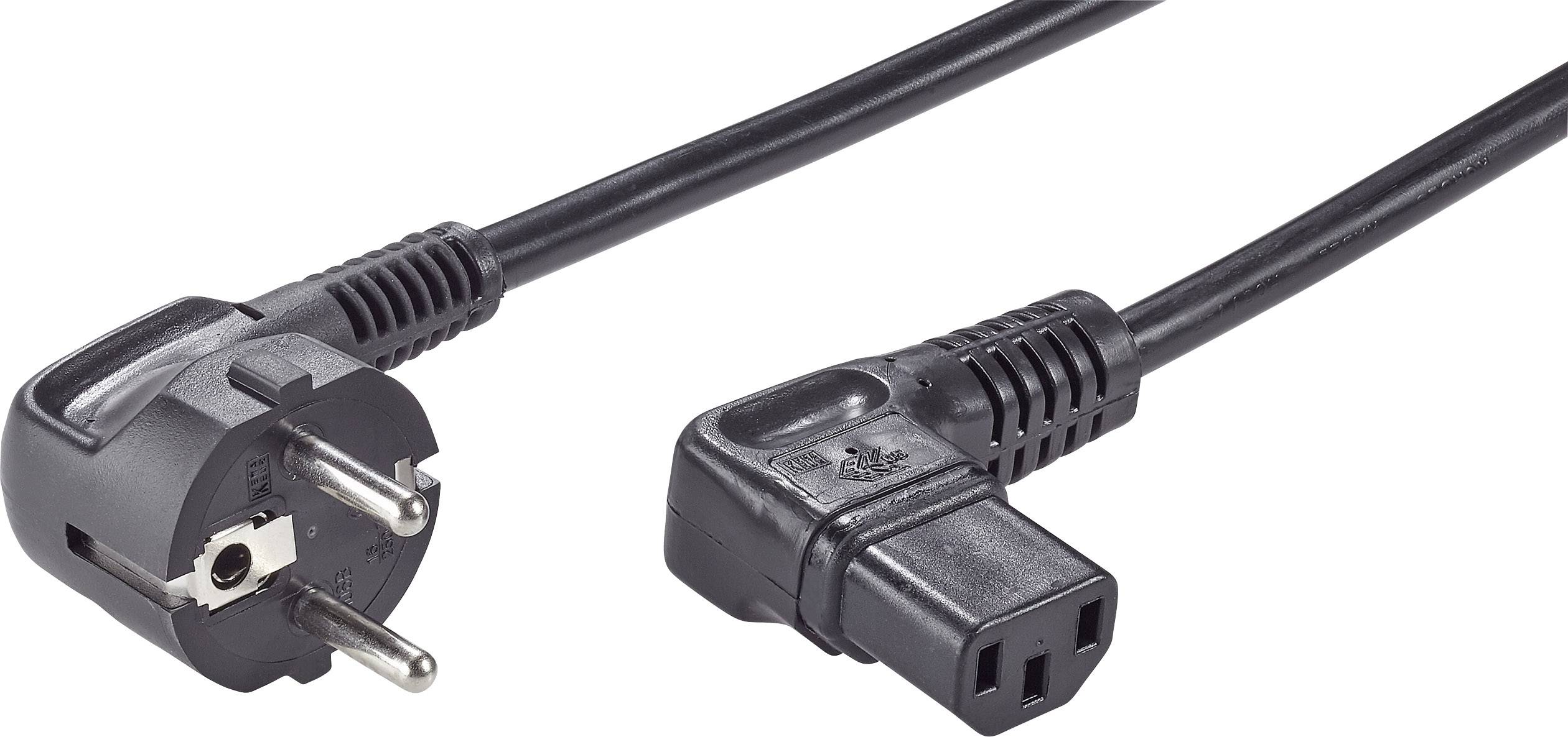 Schwarzes Netzkabel mit rechtswinkligem C13-Stecker und europäischem Schuko-Stecker, geeignet für Computerausrüstung.