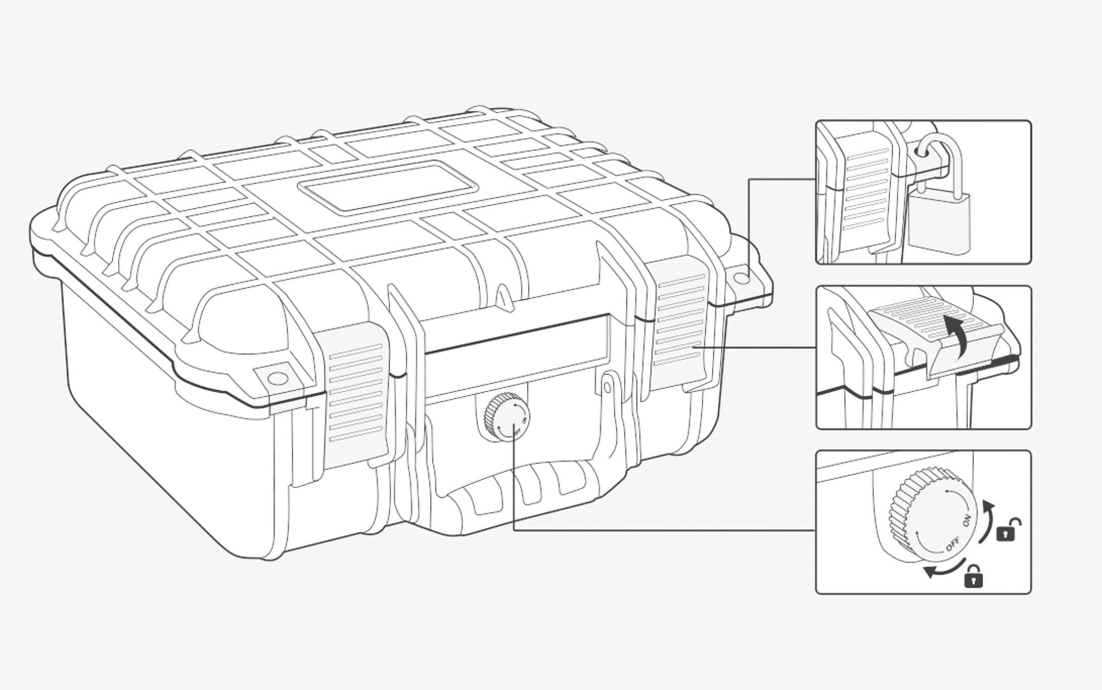 Eine robuste, verschließbare Aufbewahrungsbox mit Detailansichten von Verschlussmechanismus und Drehknopf zur sicheren Verriegelung.