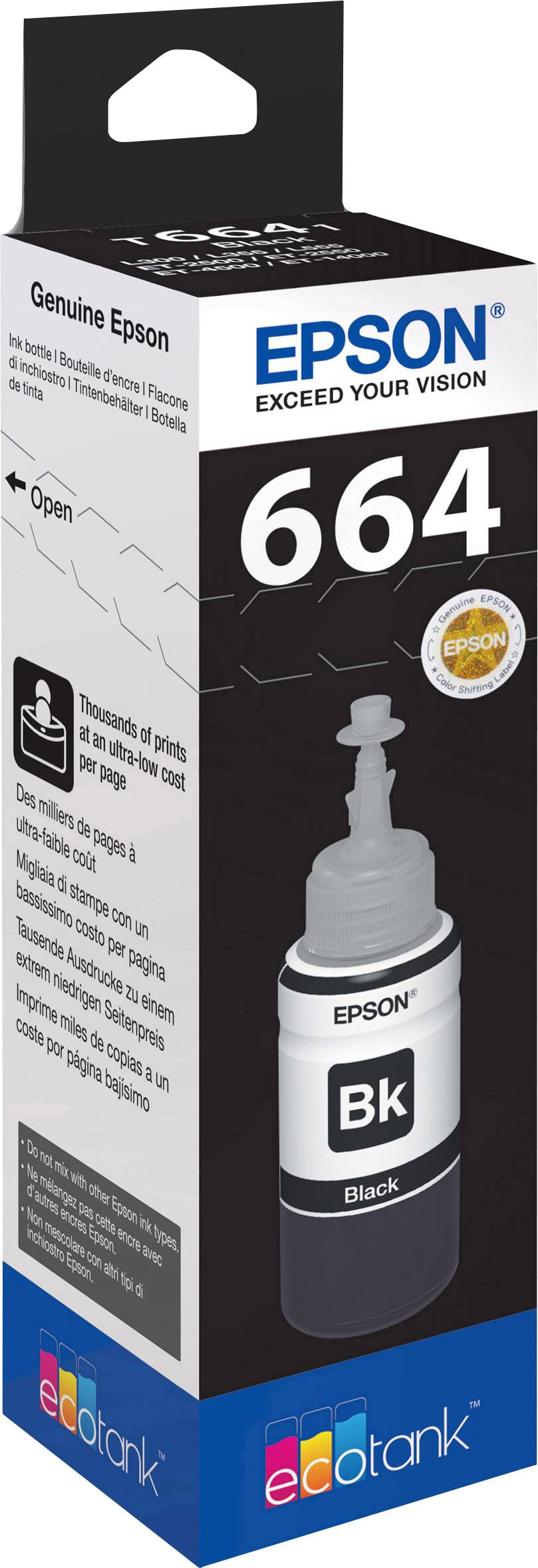 Schwarz-Tintenflasche Epson 664 für EcoTank-Drucker, etikettiert mit der Hinweis 'Genuine Epson', Bild von Flasche auf Karton.