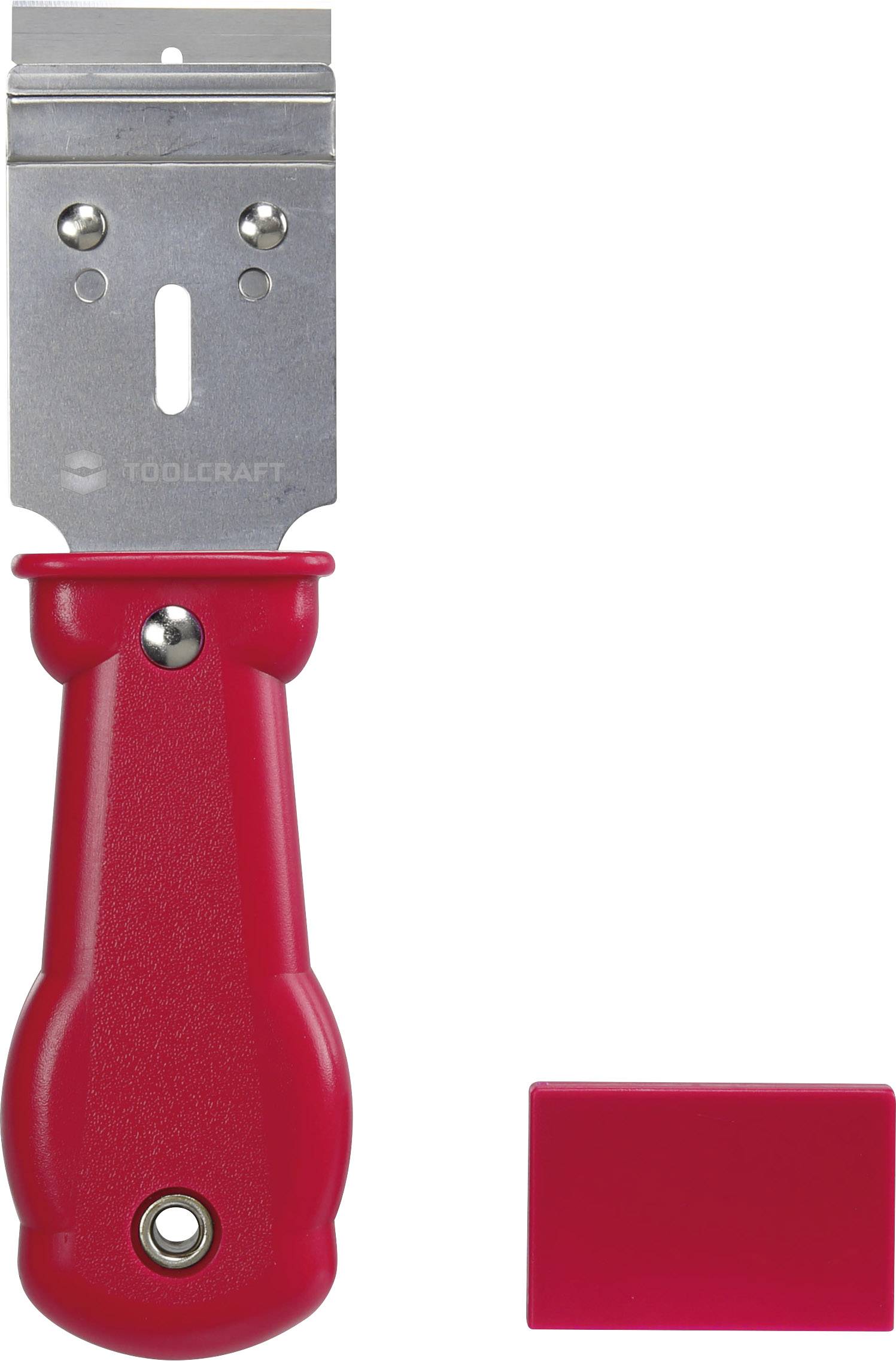 Roter Glasschaber mit abnehmbarem Klingenaufsatz, geeignet für das Entfernen von Aufklebern oder Farbresten von glatten Oberflächen.