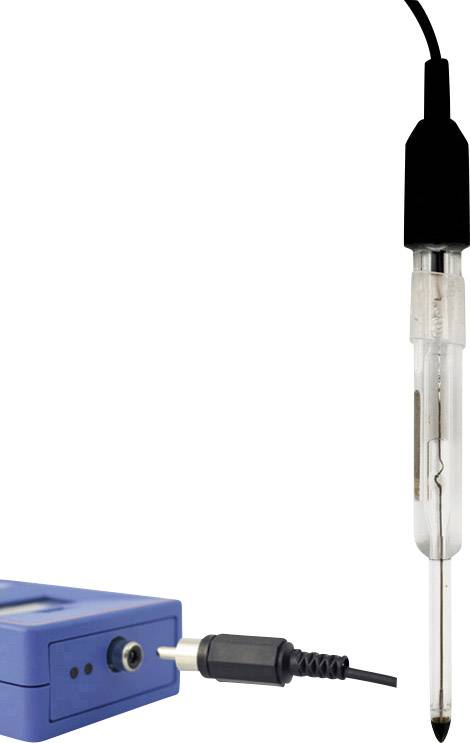 Blaues tragbares Messgerät mit angeschlossener ph-Elektrode zum Messen des ph-Werts in Flüssigkeiten, schwarze Kabelverbindung.