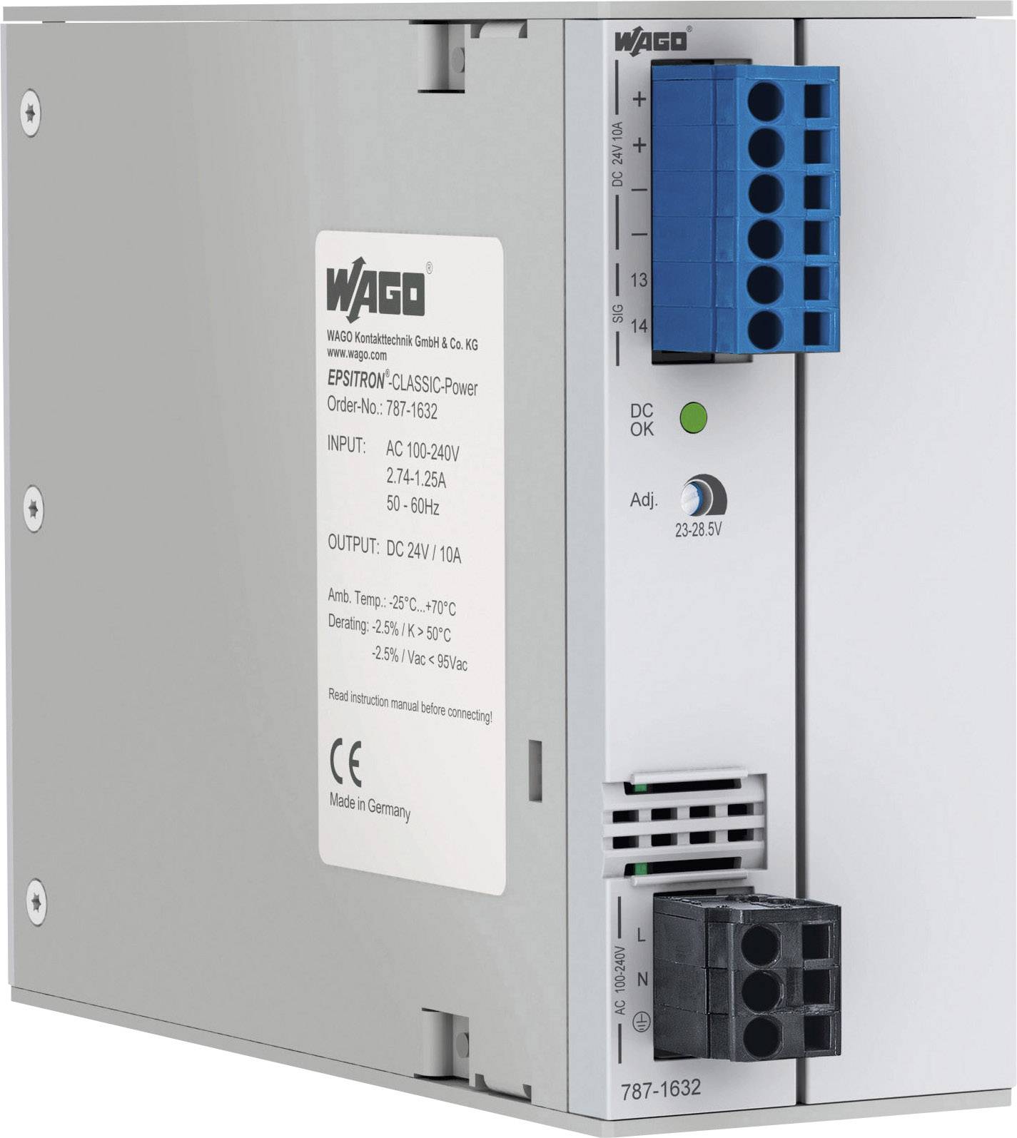 Industrienetzteil mit blauer und schwarzer Anschlussleiste. Beschriftet mit 'WAGO' und 'Made in Germany'. Eignet sich für DC 24V/10A Ausgänge.