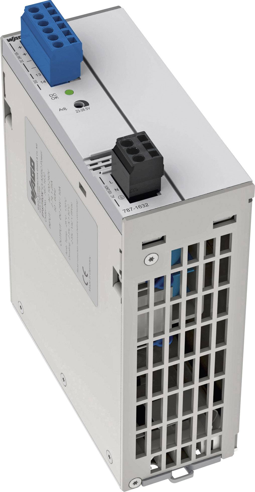 Elektronisches Gerät in grauem Gehäuse mit blauen und schwarzen Anschlüssen oben, Lüftungsgitter an der Vorderseite.