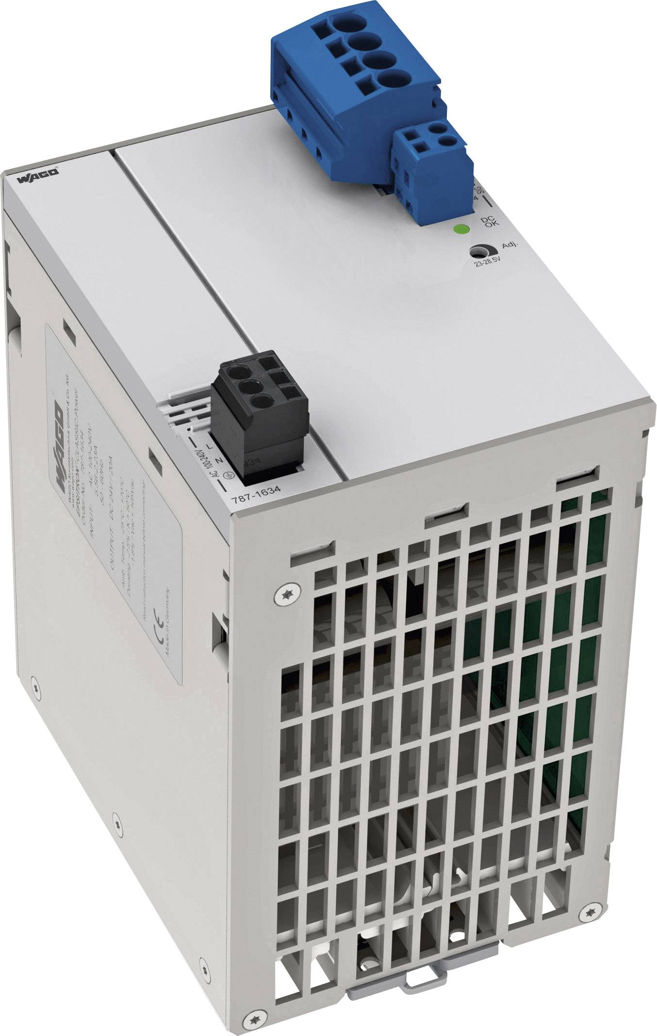 Ein weißes elektronisches Gerät mit Lüftungsgitter und zwei blauen Steckverbindungen oben. Es handelt sich um ein technisches Gerät.