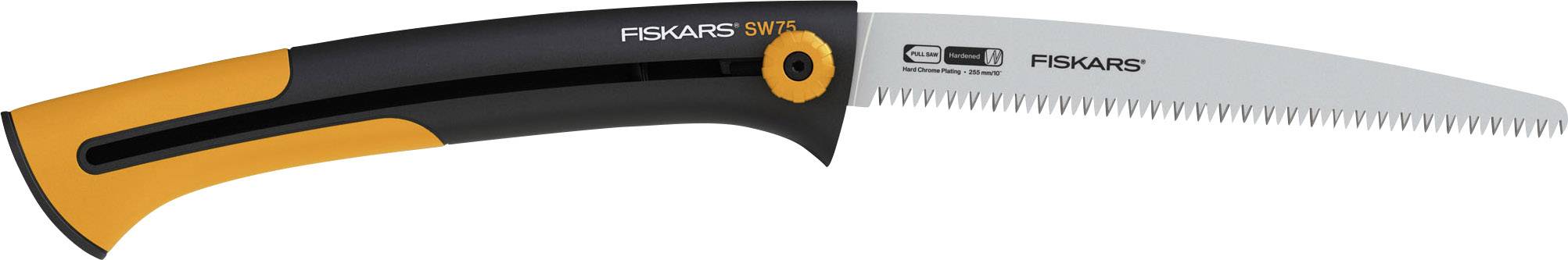 Handsäge mit ergonomischem Griff, Modell 'Fiskars SW84'. Sägeblatt mit feinen Zähnen, geeignet für präzises Schneiden von Holz.